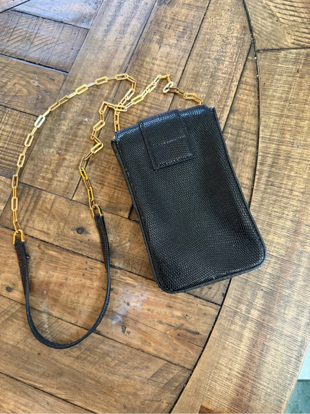 Tom Ford Black Textured Leather Phone Pouch with Gold Chain Strap